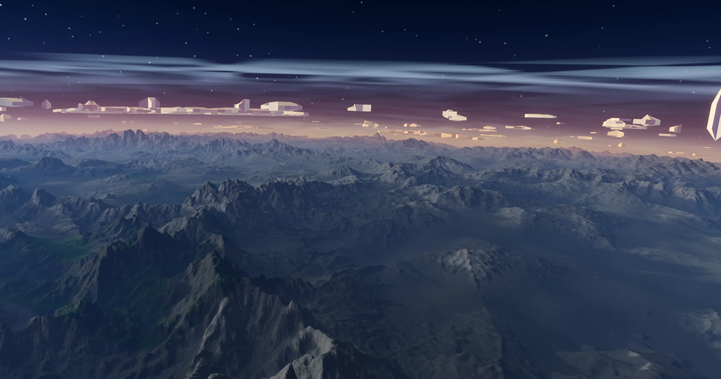 Alpine ridges beneath angular clouds at twilight.