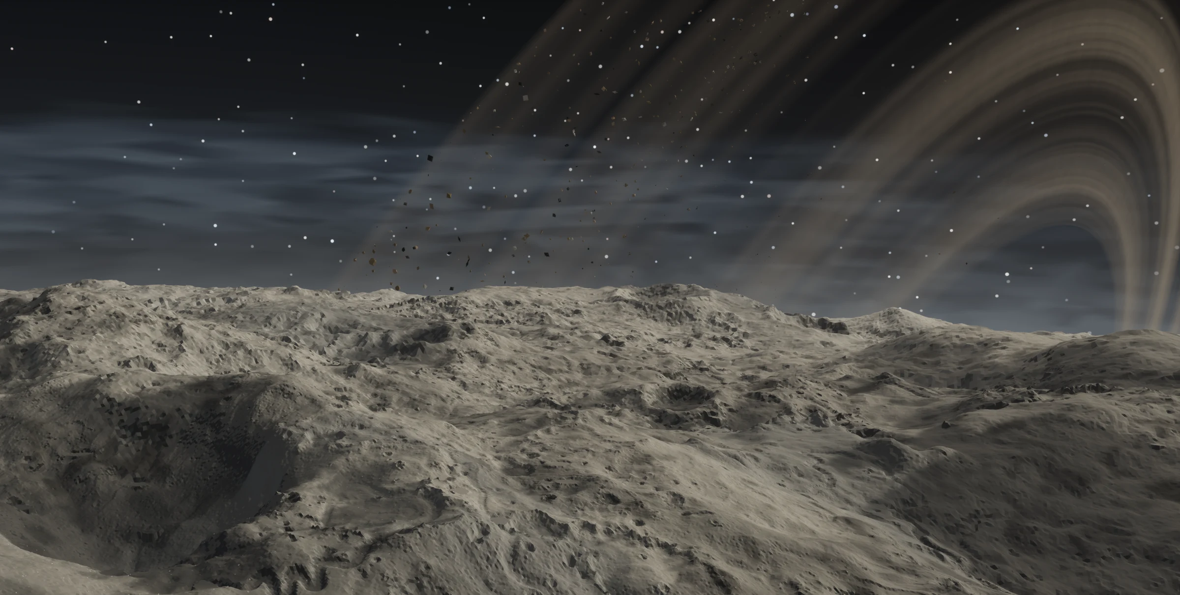 A rocky lunar landscape beneath sweeping planetary rings.