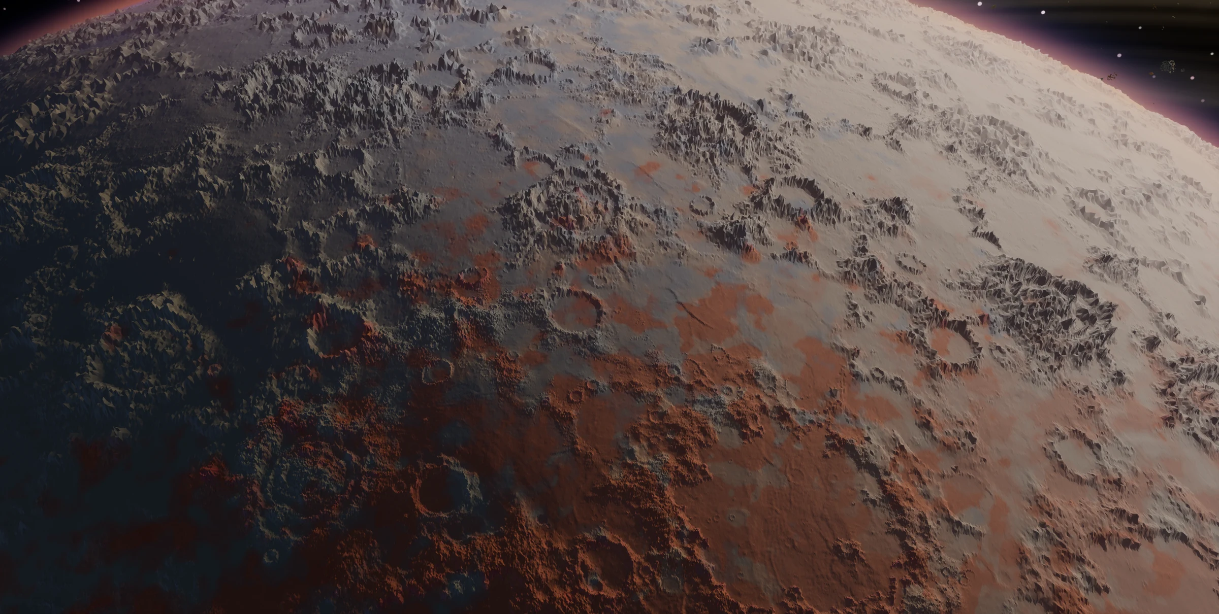 Rust-colored plains and rocky ridges on a curved world.