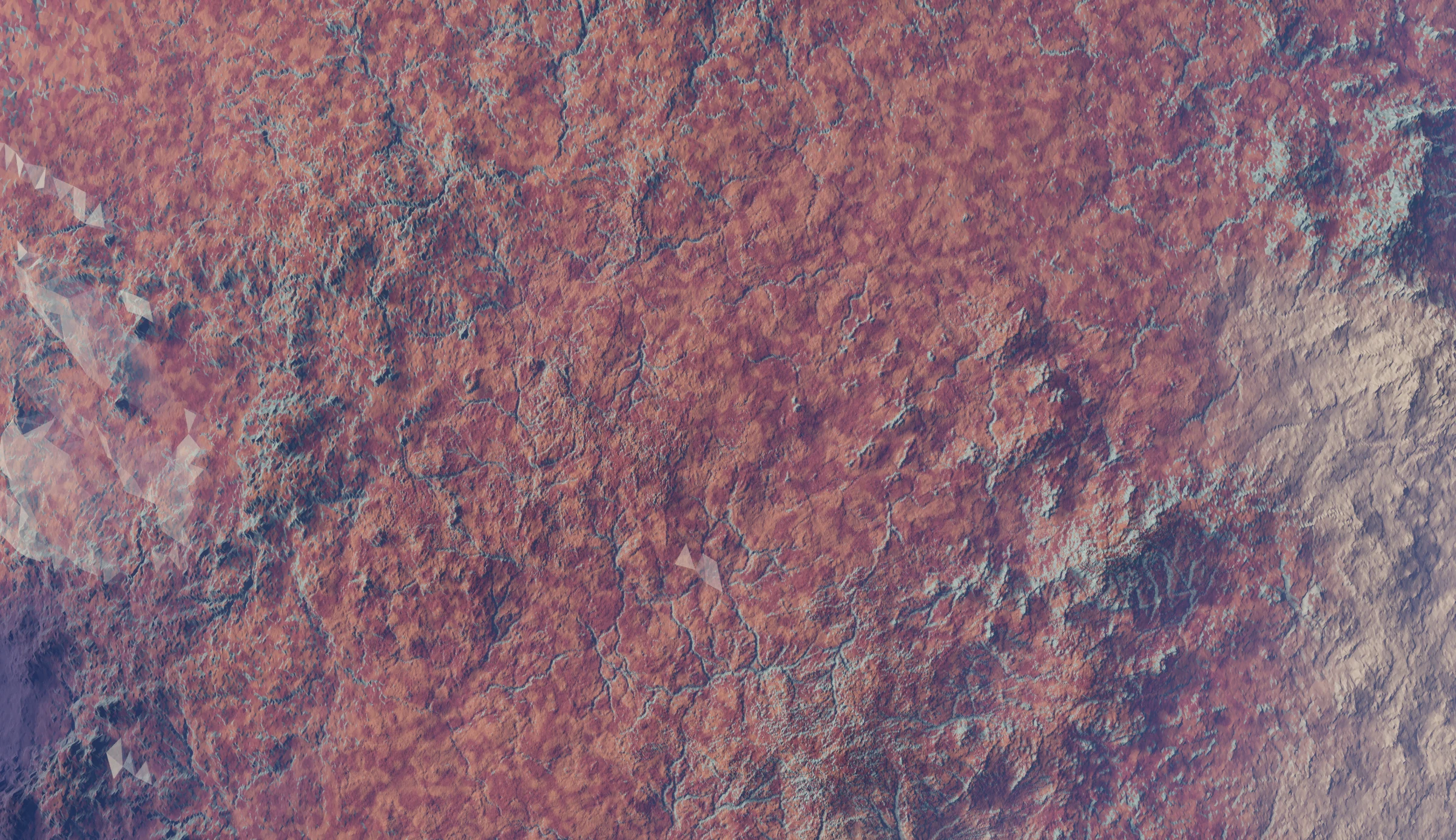 Pink faceted terrain threaded with blue channels.