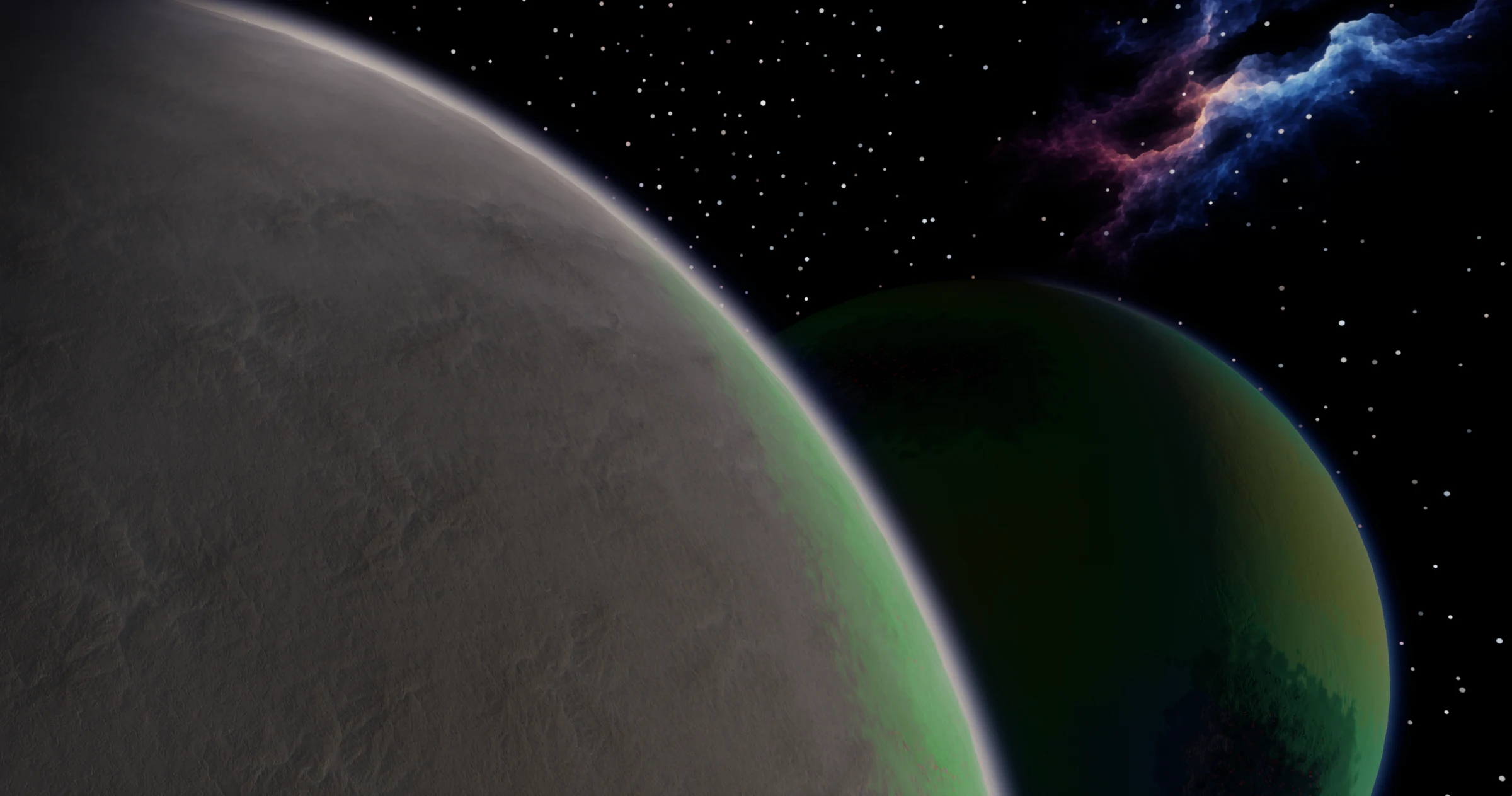 Two worlds beneath stars and a colorful nebula.