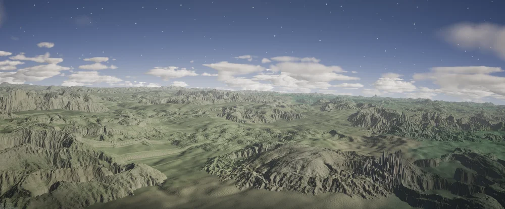 Expansive gray-green terrain with layered cliffs and scattered mountain ranges.