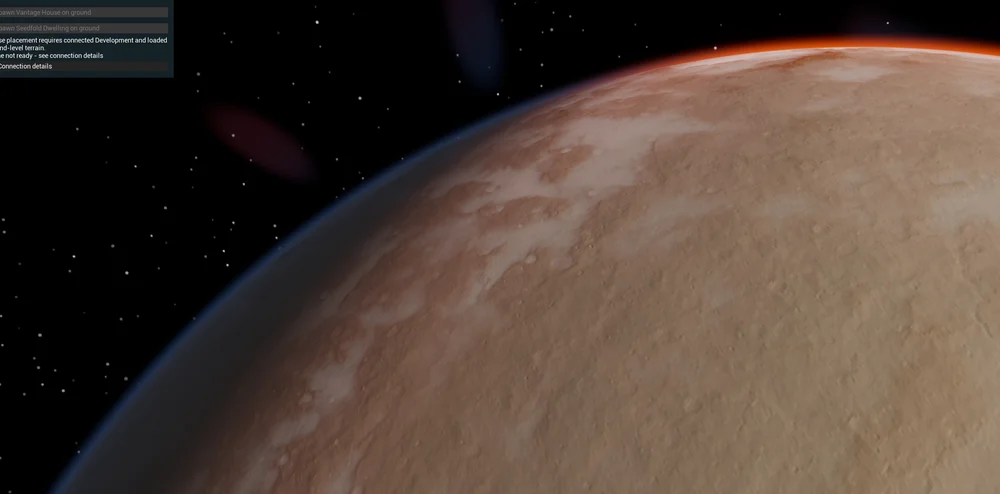Rocky world seen from orbit, with a thin blue and orange atmospheric edge.