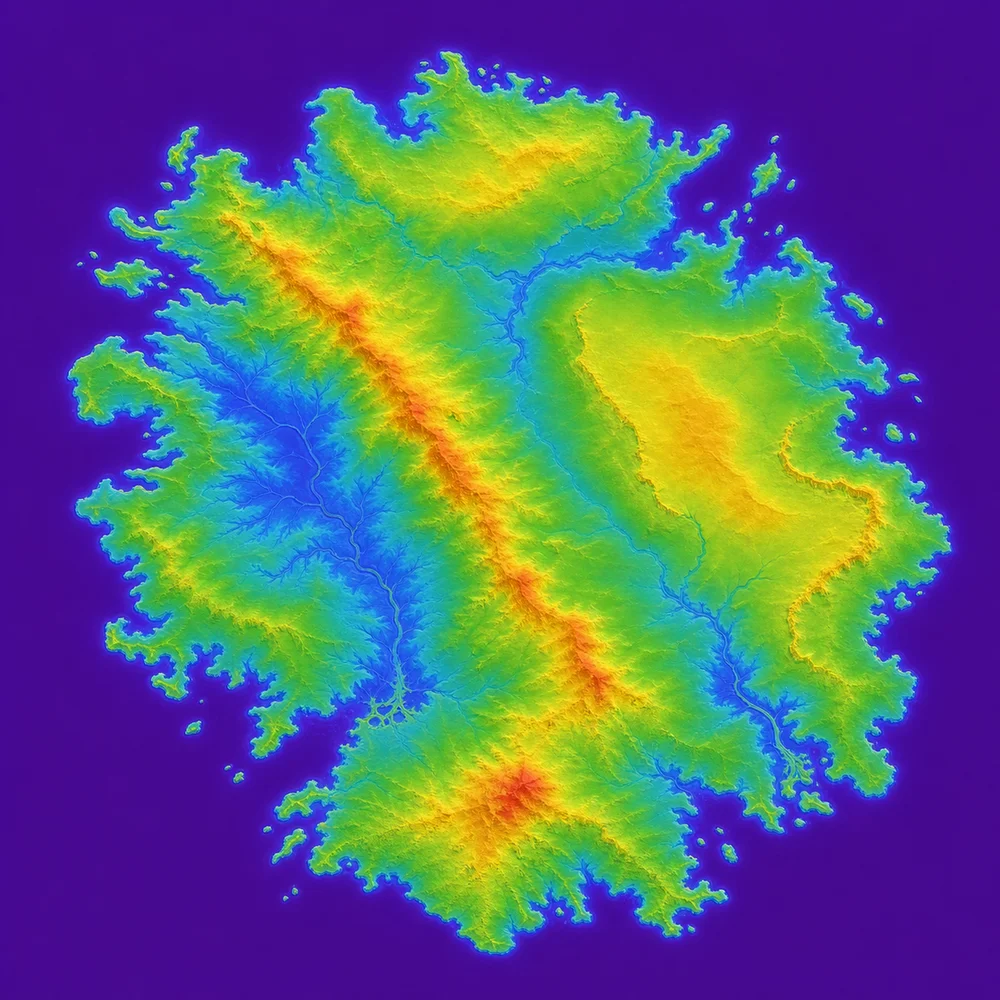 Rainbow elevation concept of an island continent with a central mountain spine and branching river basins.