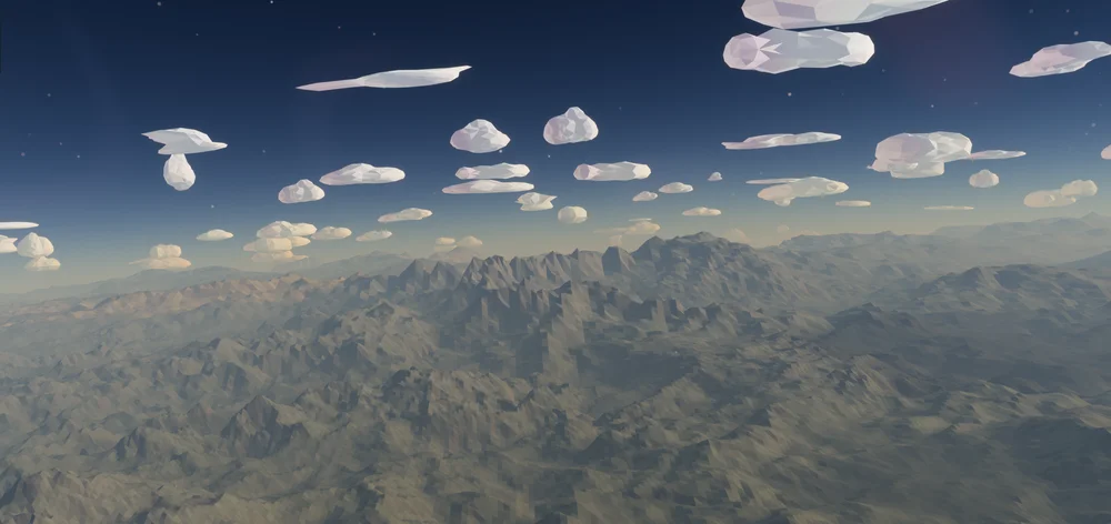 Opaque triangular cloud forms above a deeply faceted mountain landscape.