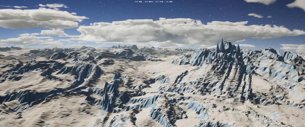 Pale glacial terrain with sharply faceted ridges and long shadows.