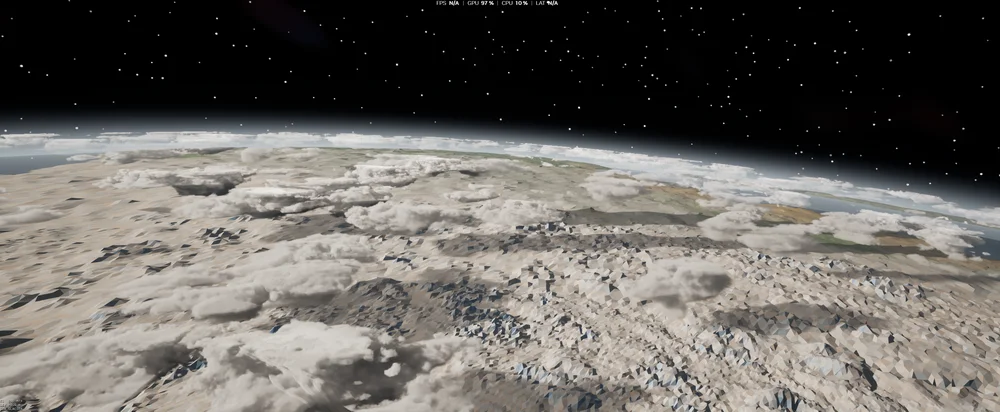 High-altitude view of a pale planetary surface and cloud layer beneath a star field.