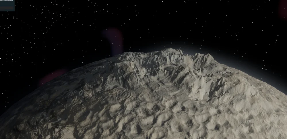 A rugged gray mountain range curving toward the horizon of an airless world.