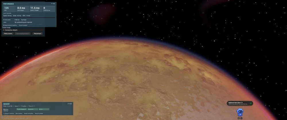 Mercury's cratered terrain and orange atmospheric rim seen from orbit, with development performance and memory overlays visible.
