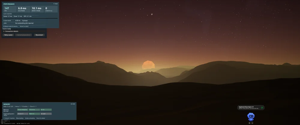 A faceted sun near Mercury's layered mountain horizon beneath an amber sky, with development performance and memory overlays.