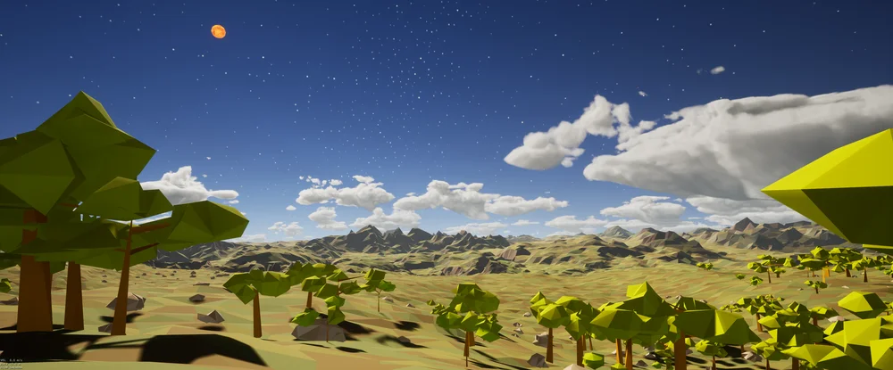Open grassland with broad-canopy trees, angular mountain ridges and a small orange sun.