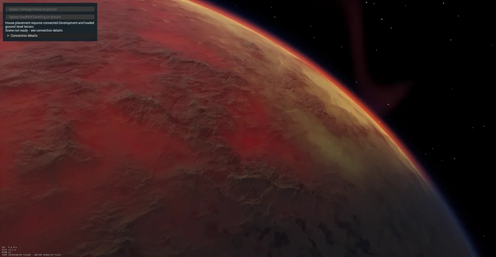 Red rocky planetary horizon with an orange atmospheric rim and development interface visible.