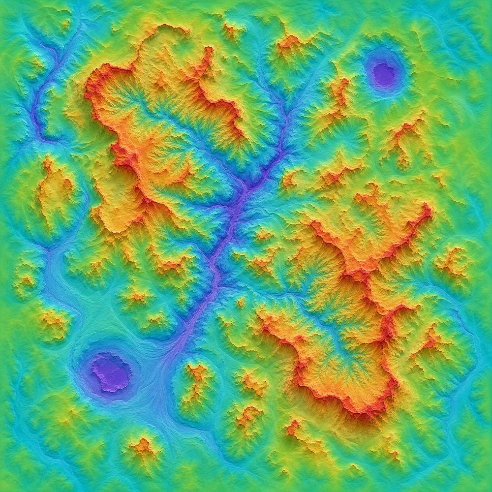Rainbow elevation study showing eroded plateaus, branching valleys and circular depressions.