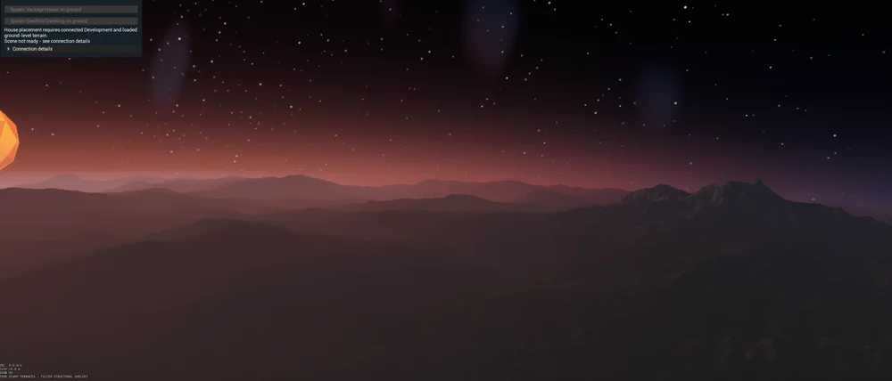 A faceted sun illuminating reddish haze over a rocky mountain horizon.