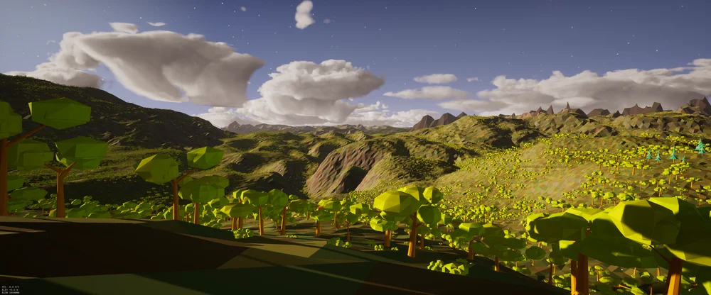 A broad faceted savanna valley with angular trees, cliffs and earlier soft clouds.