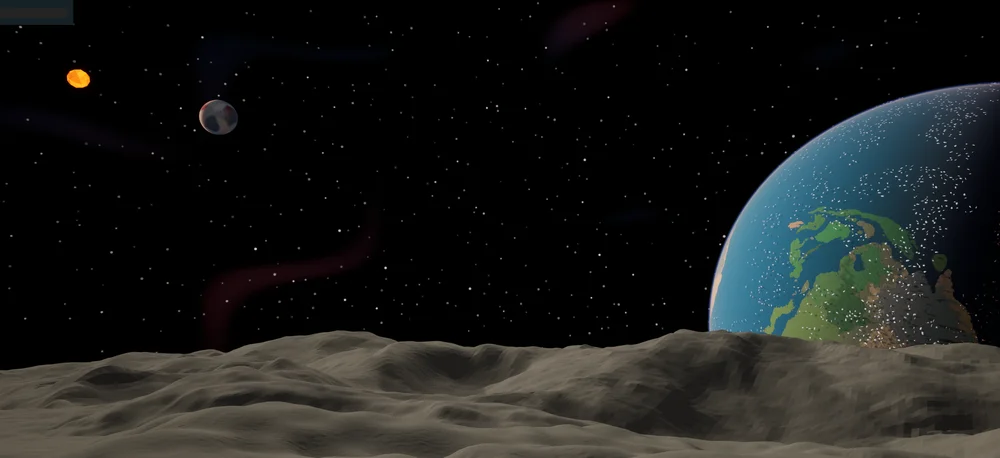A blue-green planet, a smaller world and the sun above a gray lunar surface.
