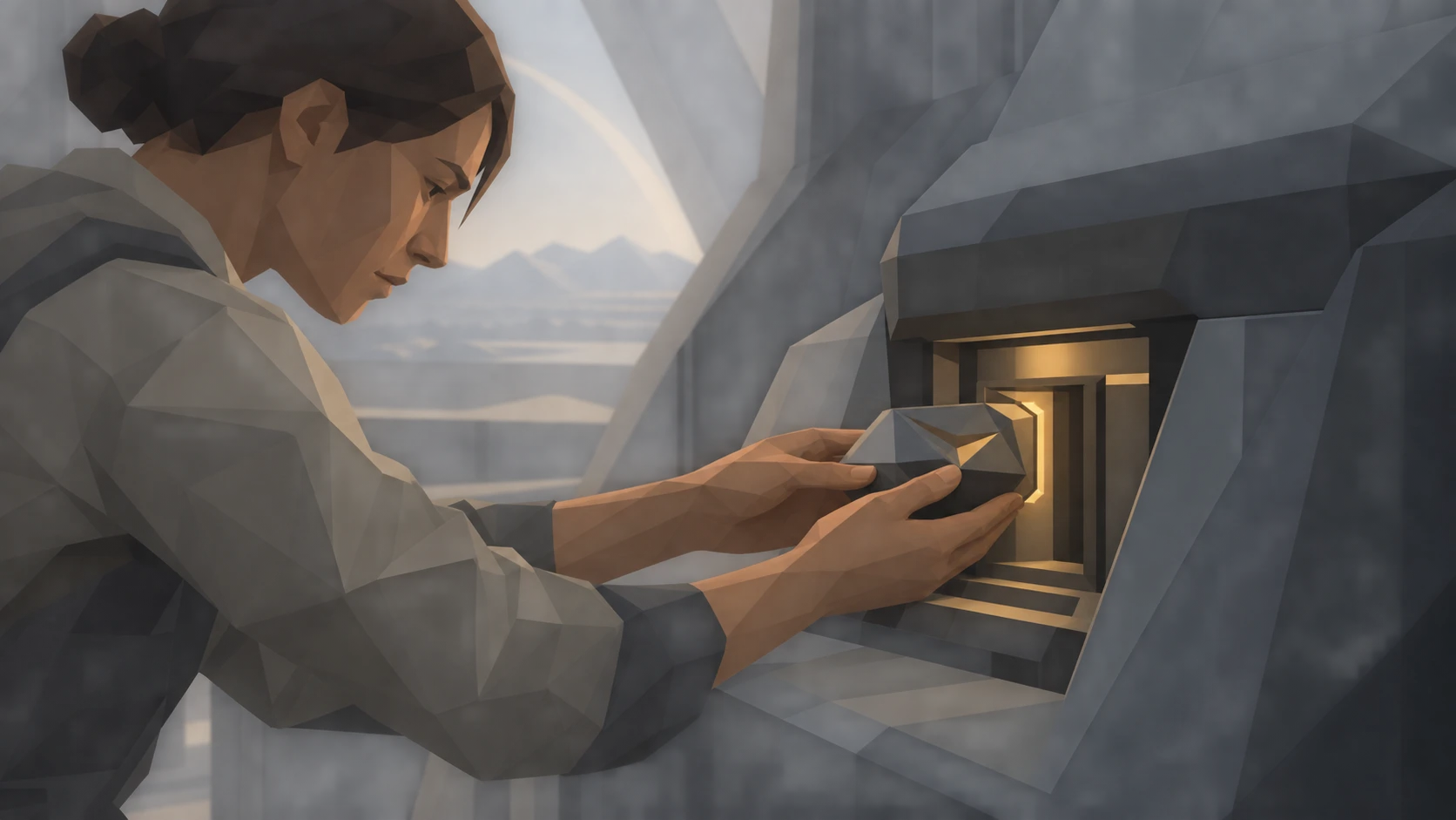 A human engineer carefully places an angular archive core into an amber-lit Eden console.