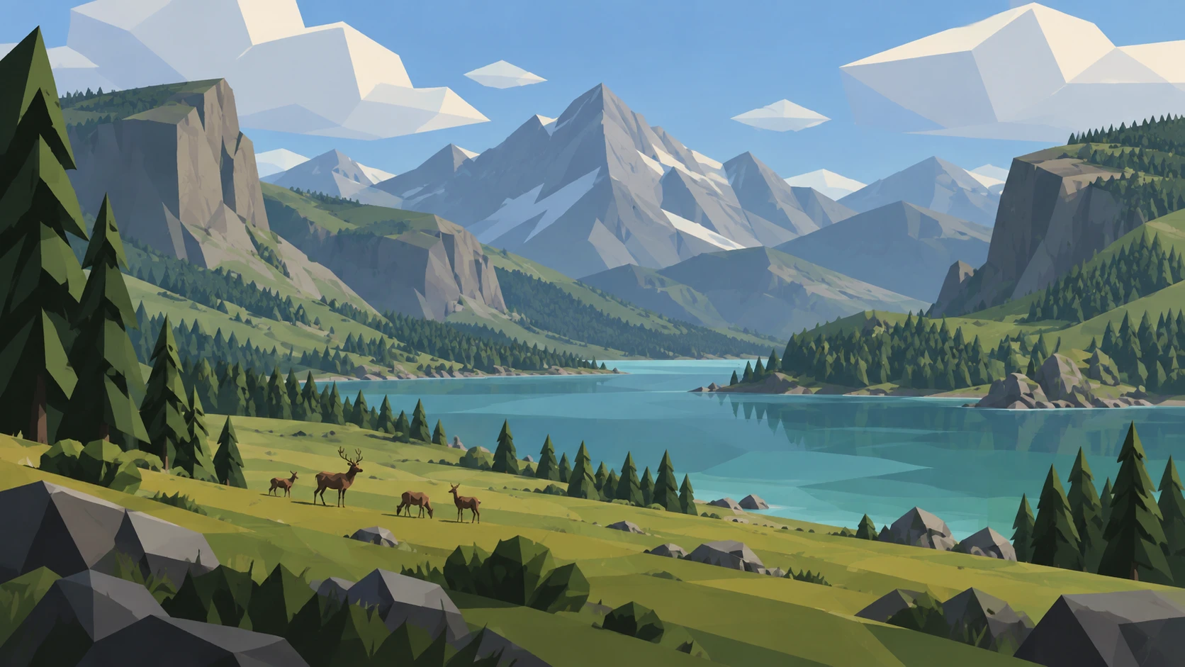Deer in a forest meadow overlooking a blue-green lake, angular mountains and geometric clouds.