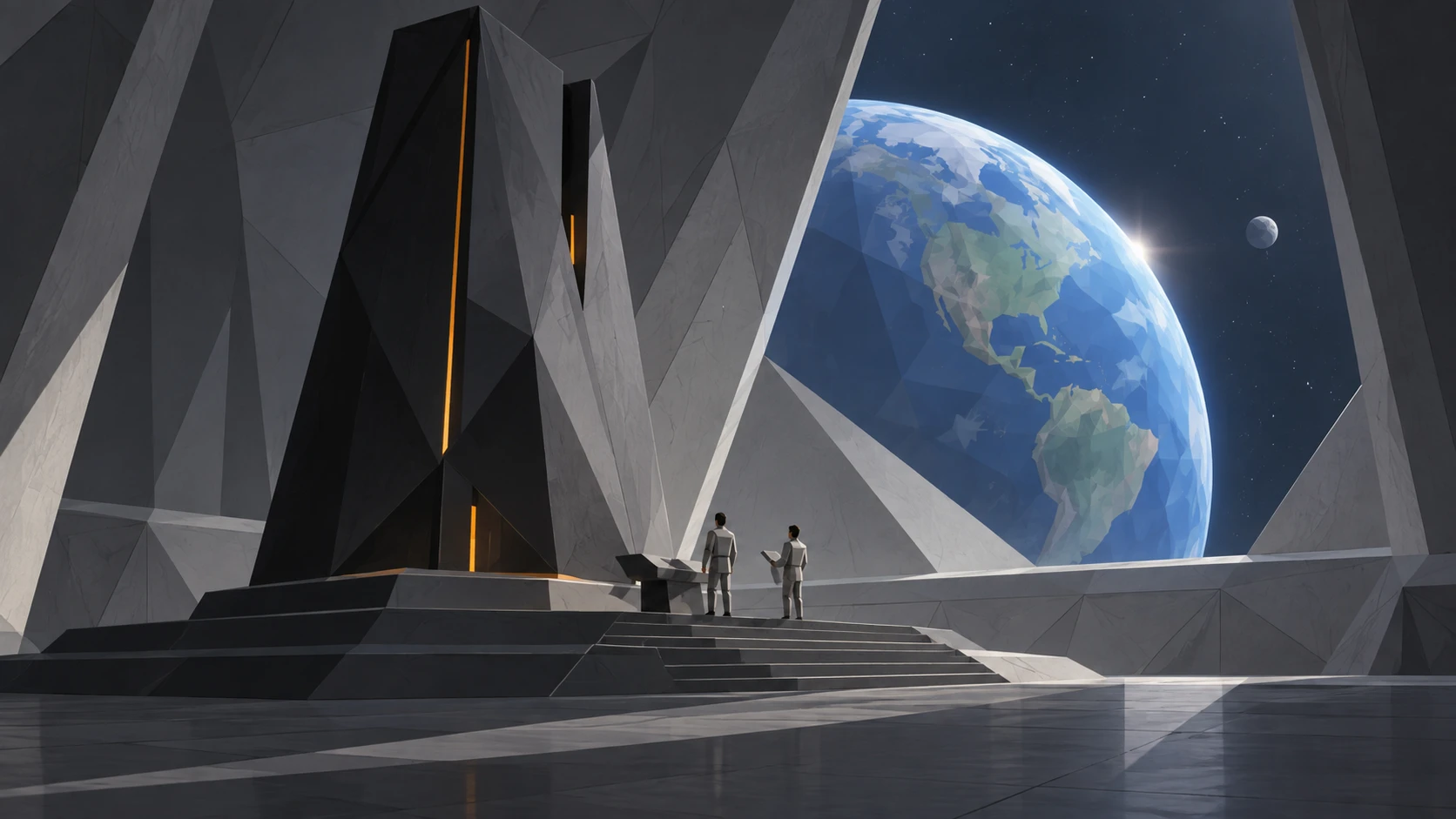 Two human engineers beside a faceted computing monolith, with a blue planet beyond the chamber window.