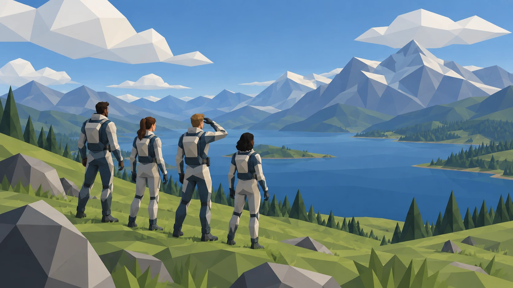 Four adults in practical faceted suits look across a blue lake toward mountains beneath geometric clouds.
