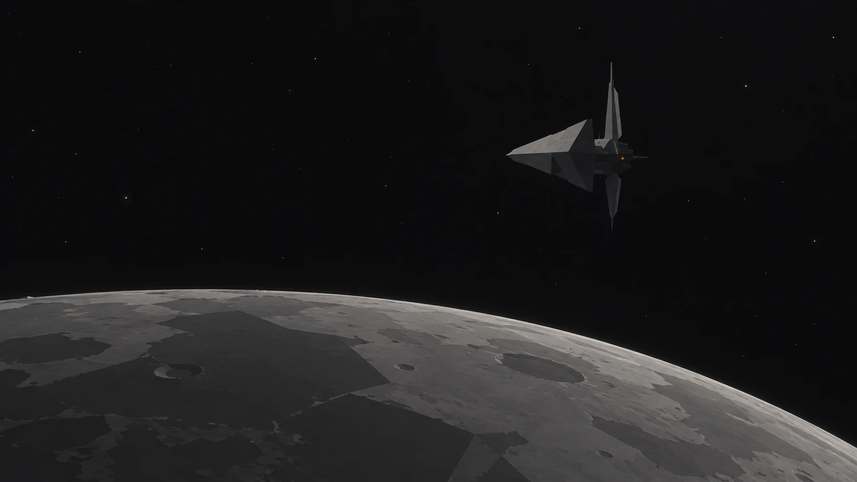 A solitary angular archive station with one amber light endures above an airless gray moon in empty space.