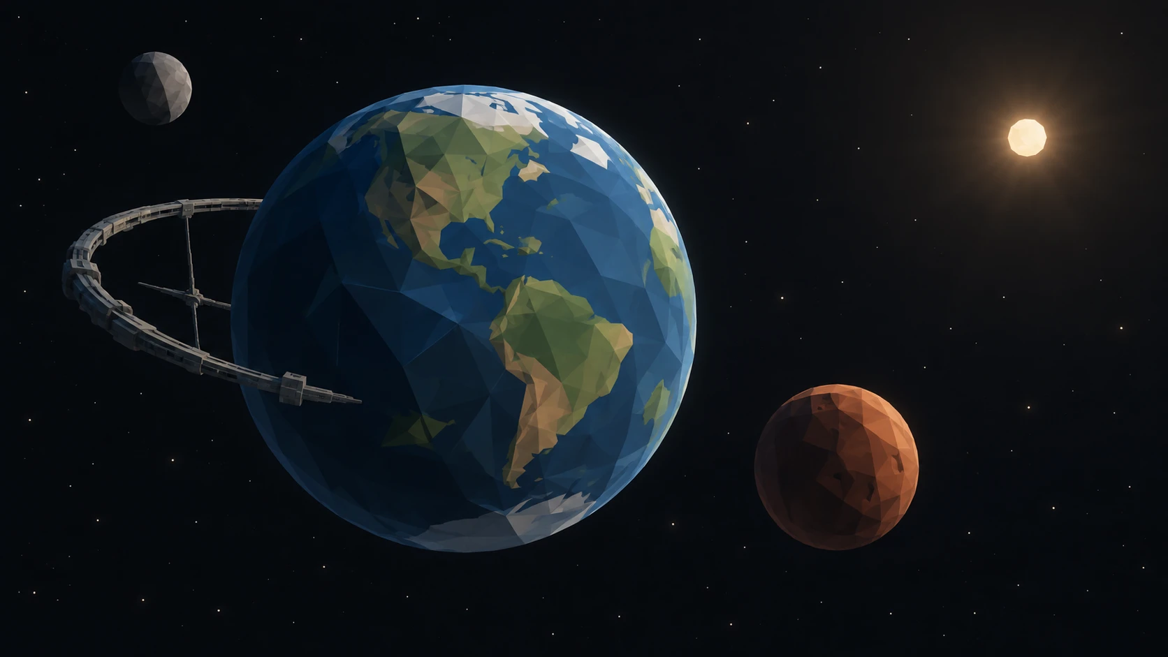 A blue-green faceted world beside a construction ring, with rocky moons and a distant sun.
