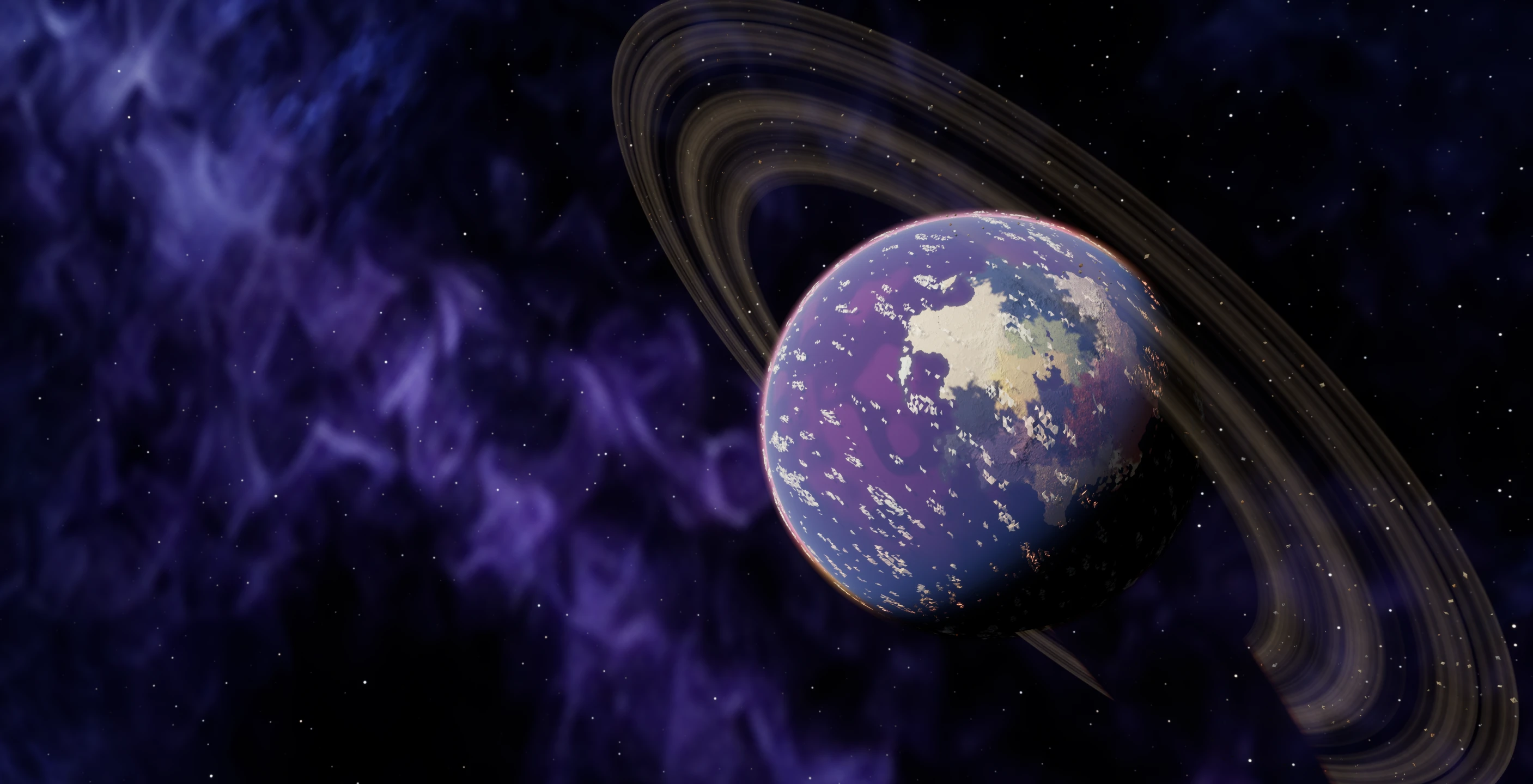 A ringed planet against a violet nebula.